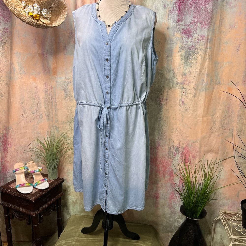 📌Faded Glory Button Down Denim Cotton Sleeveless Plus Size Dress